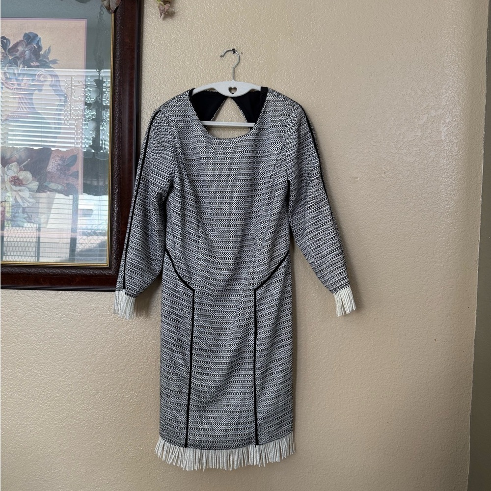 NWT Sam Edelman Black White Tweedy Open Back Fringe Dress Size Medium - Picture 2 of 4